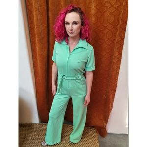 Mod Vintage Polyester Jumpsuit in Pistachio Green with Adjustable Belt & Pockets